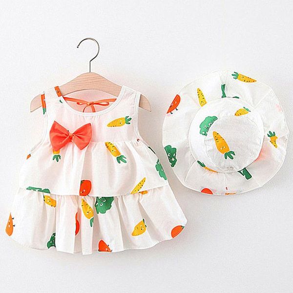 

born summer baby girls dresses kids sleeveless pineapple print dress hat outfits princess for girl's, Red;yellow