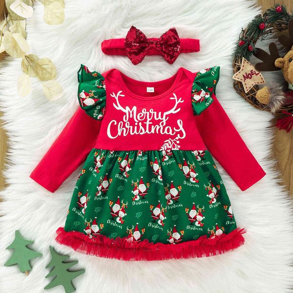 Xmas recém-nascido bebê menina vestido xmas inverno manga longa carta impressão princesa vestido vestido de christmas traje de natal roupa infantil G1026