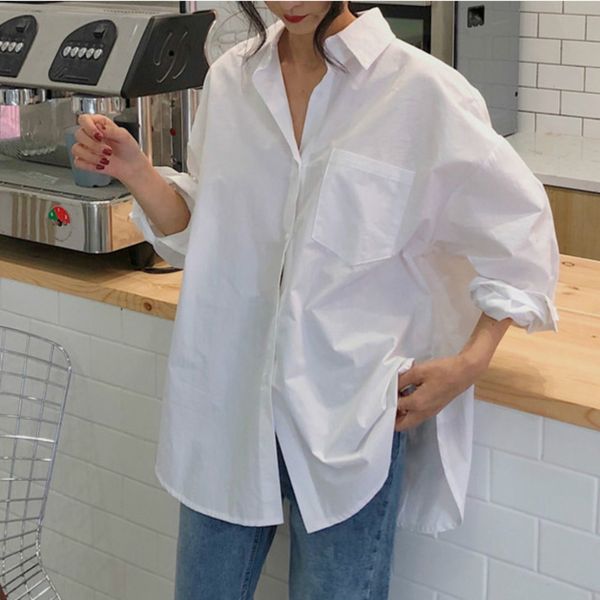 

[ewq] spring simple fashion trend ladies white shirt korean chic long sleeve turn-down collar plus size blouse pink za289 210423