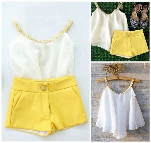 

cute baby clothes todder kids girls chiffon white sleeveless yellow shorts 2pcs outfits set costume for 2 10year