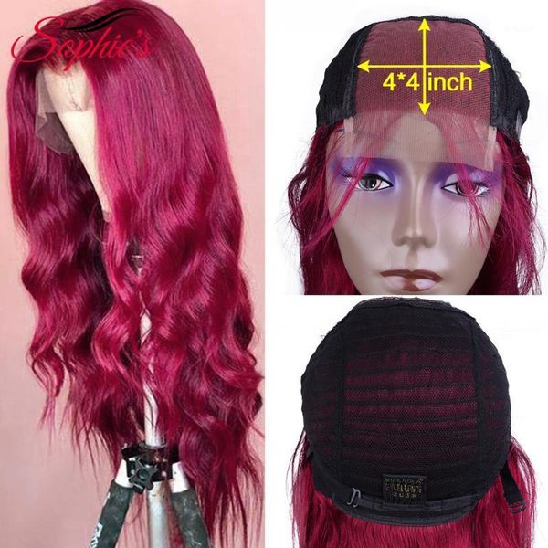 

sophie's 4*4 lace closure human hair wigs body wave for women burgundy color remy1, Black;brown