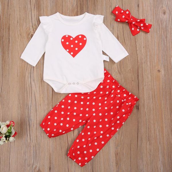 

clothing sets baby girls' three piece set ruffle heart pattern toddler's long sleeve romper dot pants for kids bow hair band 0-24m, White