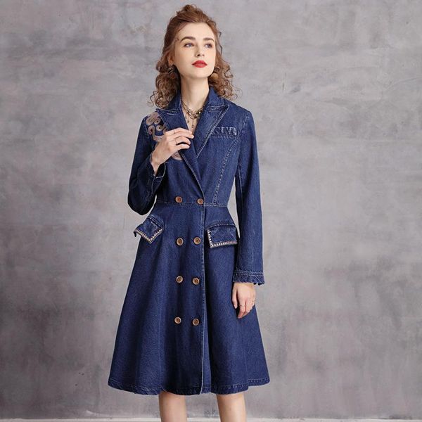 

fairynatural ladies denim retro button coats 2021 spring autumn long sleeve pockets women thick embroidery trench winter women's, Tan;black