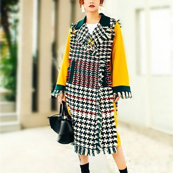 

women's trench coats designer autumn winter coat women tweed plaid spliced windbreaker vestidos unique fashion full sleeve long yh029, Tan;black