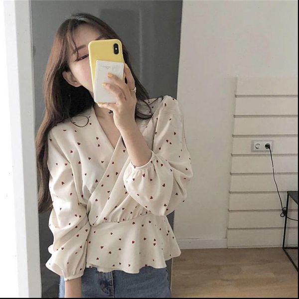 

women shirts cute temperament blouse v neck puppy heart dot lantern sleeve waist asymmetrical shirt blusa, White
