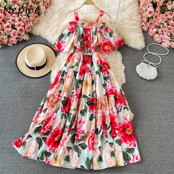 

neploe square collar short sleeve camis dress women print holiday bohemian long vestidos high waist hip a line slim robe summer c0607, Black;gray