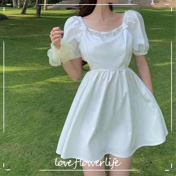

summer short sleeve white elegant dress women square collar mini dress evening party dress for females korean style chic 210521, Black;gray