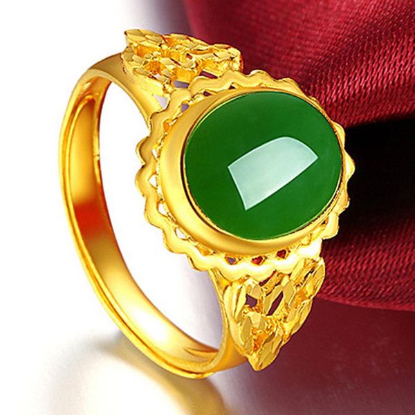 

cluster rings vintage flower carving green jade emerald gemstones for women 14k gold color jewelry bijoux wedding party accessory gift, Golden;silver