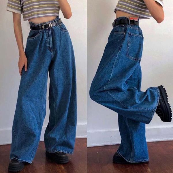 

jeans female fall vintage wide legs street style loose high waist harajuku slacks, Blue