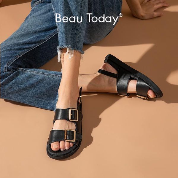 

sandals beautoday women genuine cow leather metal detailed ankle buckle strap summer beach ladies low heel shoes handmade 38128, Black