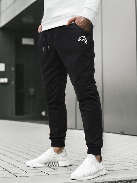 

men dolphin print drawstring waist sweatpants 50jg#, Black