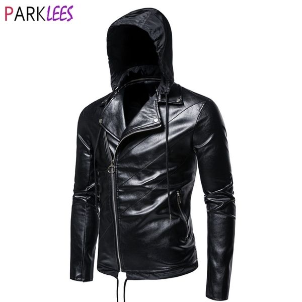 Mode Motorrad Mit Kapuze Lederjacke Männer Abnehmbare Hut Schrägen Reißverschluss Punk Stil Biker Pu Leder Jacken Mäntel Männlich M-5XL 210522