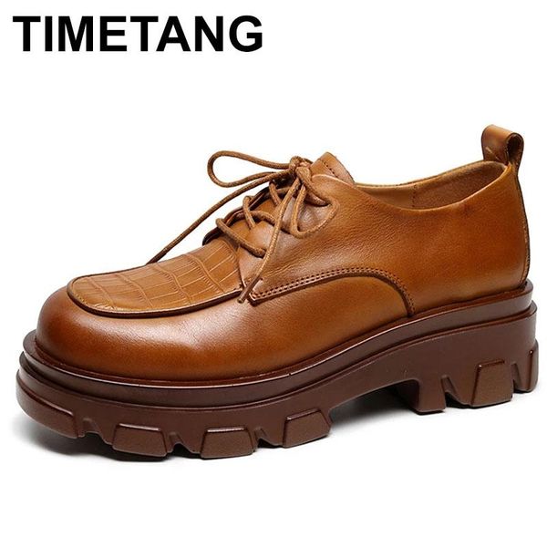 

dress shoes timetang2021 lace-up 100% genuine leather lightweight non-slip wear-resistant platform women high heeled, Black