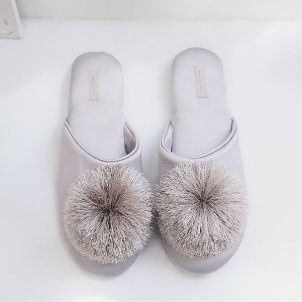 

slippers elegant silk fringe ball pink comfortable home breathable indoor mute non-slip women, Black