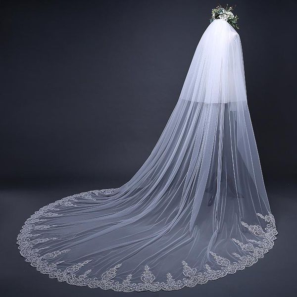

bridal veils 3 m tulle luxury veil lace edge with comb wedding double layer face voile perler mariage, Black
