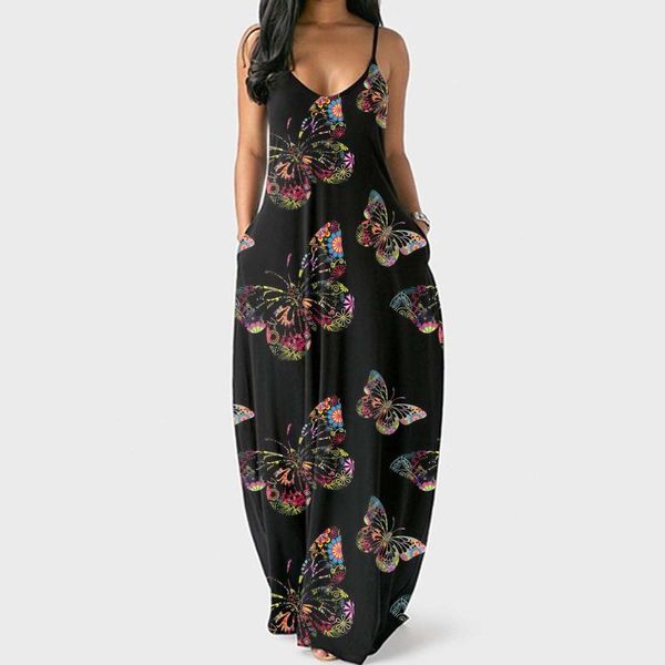 

casual dresses women sleeveless butterfly 3d printed dress ladies summer beach long low cut party sundress vestido mujer a40, Black;gray