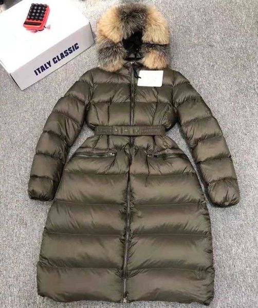

women nylon short down et zipper closure pockets belt thick warm coat classic digner woman fur hood winter loose long outwear, Black