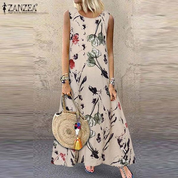 

casual dresses 2022 bohemian floral printed beach vestidos robe oversized women o neck maxi dress summer sleeveless vintage sundress, Black;gray