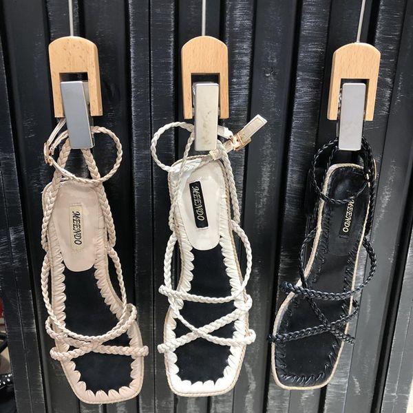 

sandals 2021 black shoes for women shallow mouth strappy heels round toe beige lace up retro girls comfort high rubber casua