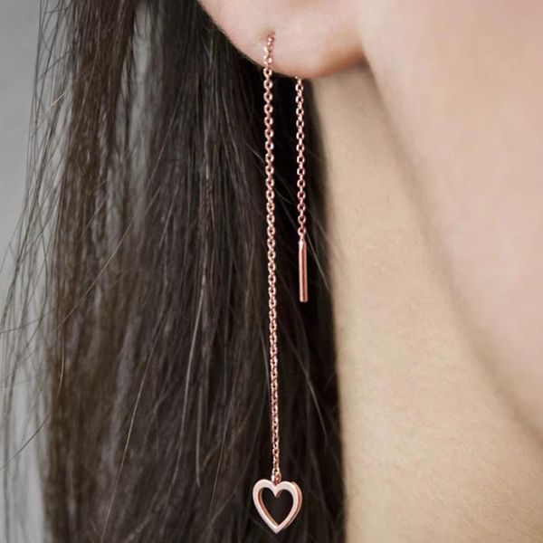 

long chain tassel dangle earring with tiny hollow heart charm delicate 925 sterling silver party jewelry wholesale & chandelier