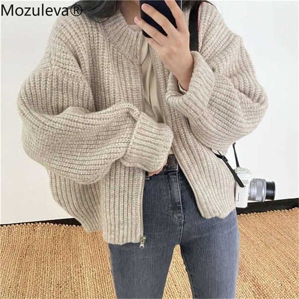 

mozuleva autumn winter women sweaters zipper cardigans oversize korean elegant lady knitwears loose knitted jacket 210928, White
