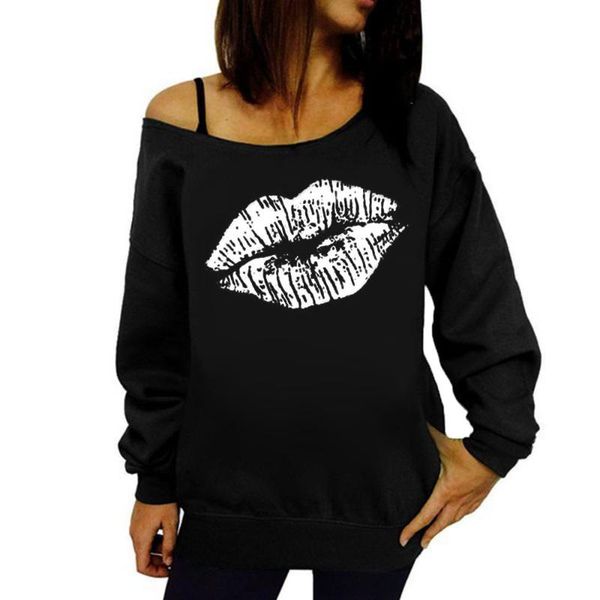 

women's hoodies & sweatshirts 40off shoulder pullover women lip print solid long sleeve winter autumn casual plus size streetwear, Black