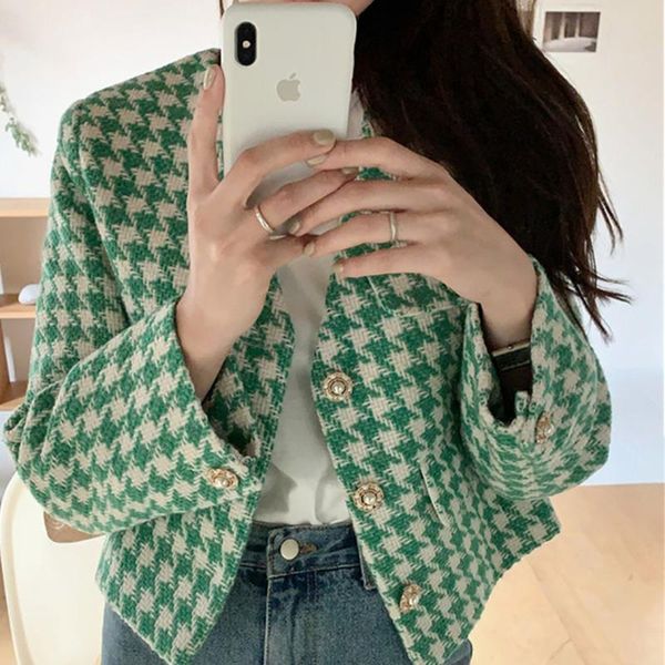 

women's jackets 2021 korean casual plaid women loose v-neck single breasted fashion houndstooth fall ladies coats, Black;brown