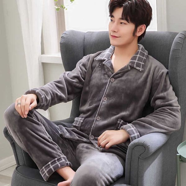 

2 piece winter thick warm flannel pajamas sets for men long sleeve +pants plus size loose casual male sleepwear 210928, Black;brown
