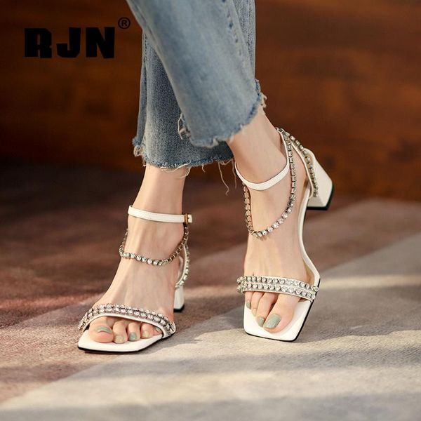 

sandals rjn square heel fashionable stylish crystal women shoes 2021 summer beautiful dressing toe chain modern rl110, Black