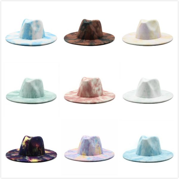 

10 style tie dye jazz formal hat lady felt fedora hats fashion british styles wide brim caps trilby chapeau for men women, Blue;gray