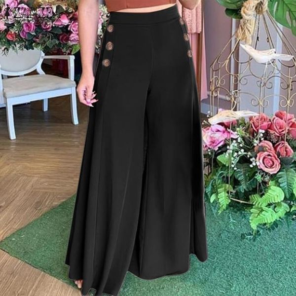 

fashion autumn zanzea casual womens capri wide leg vintage elastic waist trousers female solid button bottoms, Black;white