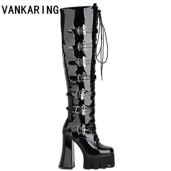 

boots women thick high heel autumn winter fashion punk lace-up buckle casual ladies platform shoes over-the-knee female footwear, Black