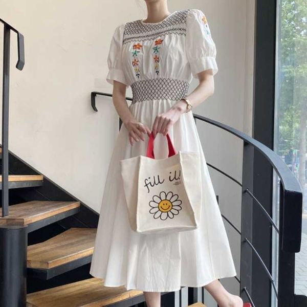 

summer sweet o-neck floral embroidery party dress korean elegant vintage high waist chic long vestidos 210526, Black;gray