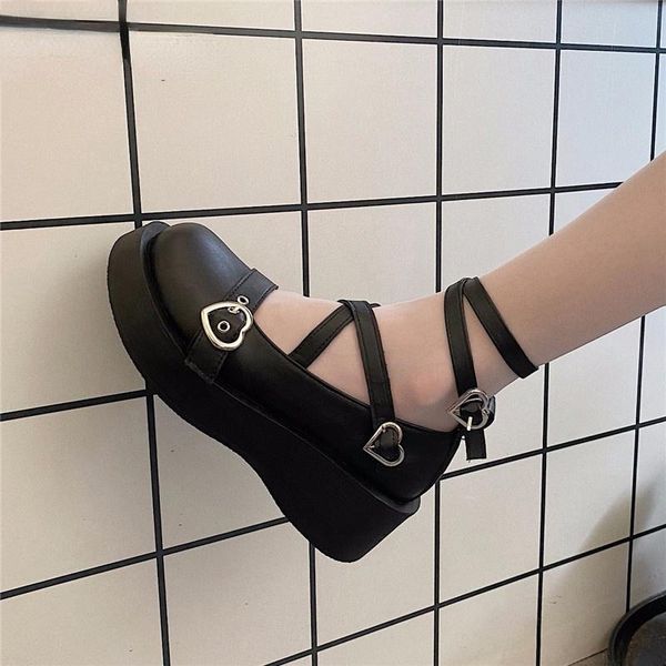 

dress shoes women loli sweet lolita platform round head thick heel cross bandage kawaii cosplay mary jane 2021, Black