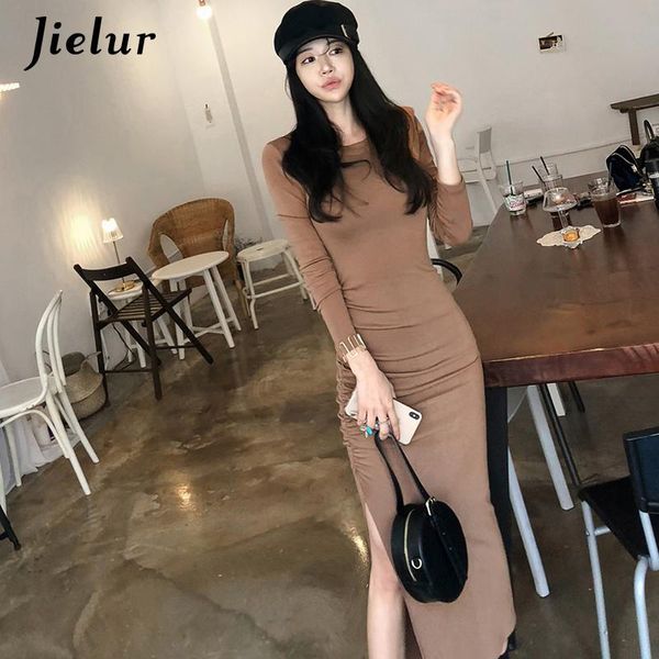 

casual dresses long sleeve women dress o-neck solid color coffee robe femme split knitted autumn winter s-xl skinny, Black;gray