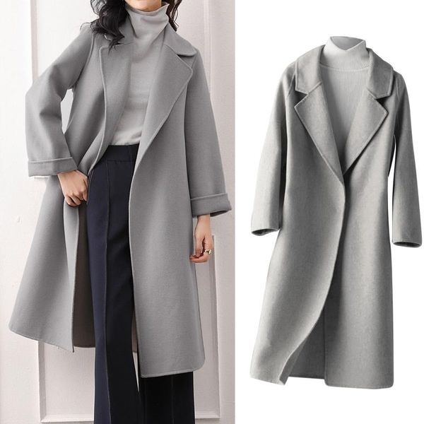 

women's jackets women coats 2021 autumn and winter large size slim solid color lapel loose long double-sided wool coat female #t1g, Black;brown