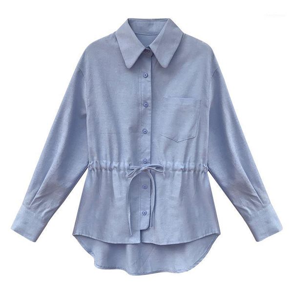 

women shirt solid blue grey color spring autumn tight waist long sleeve slim base female women's blouses & shirts, White