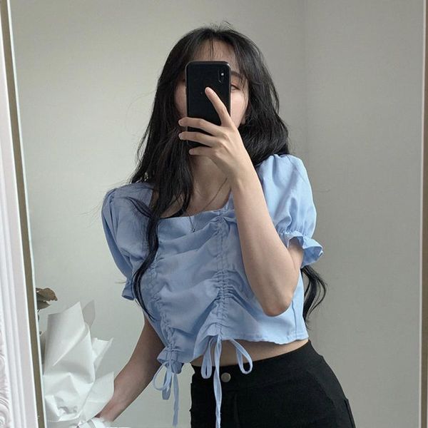 

women's blouses & shirts blusas mujer de moda square collar summer blue clothing crop korean clothes fashion brand ladies, White