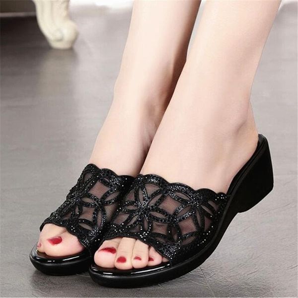 

slippers 2021 summer women gladiator flower shoes wedges platform flops beach ladies slides party sandals, Black