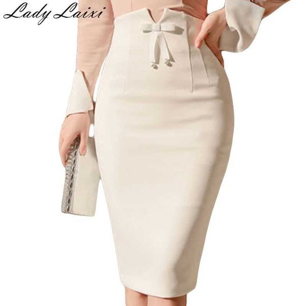 

summer women fashion skirt bowtie empire office ladies elegant pencil slim mid white femme 3xl plus size 210529