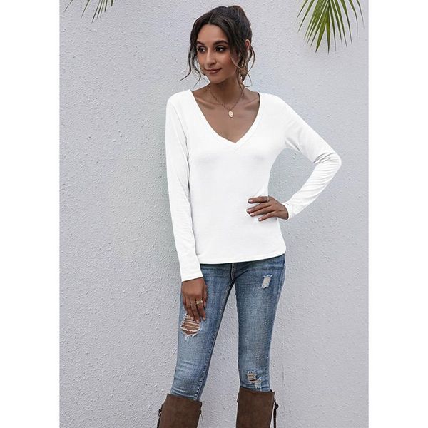 

women's t-shirt solid color long sleeve v-neck basic casual slim, White