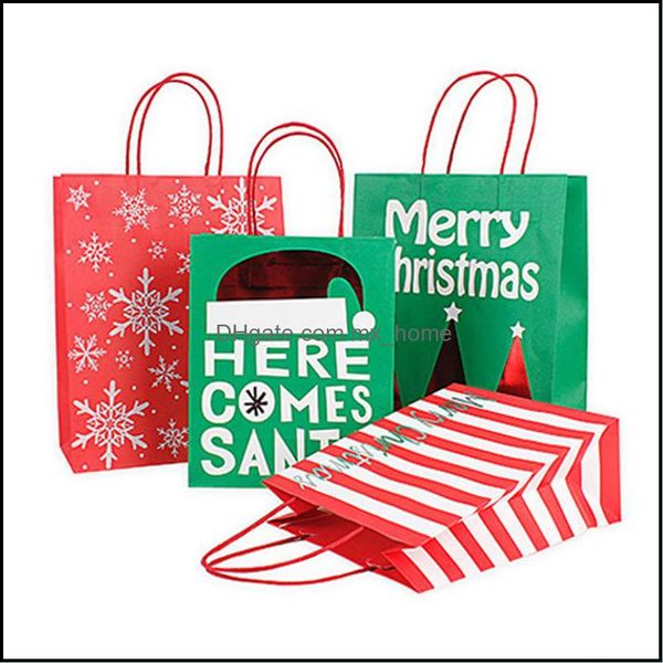 Enrole o evento de festa festiva suprimentos para casa Garden Christmas com Handle Green Green Kraft Bags Stripe Snowflake Impress￣o Xmas de papel Bag de papel doce