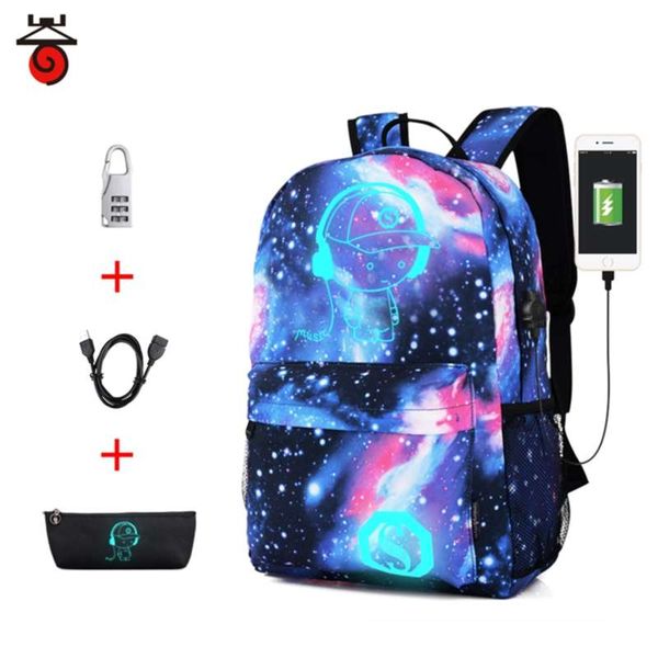 Mochila de bolsa de escola luminosa para adolescentes meninas meninos mochila impermeável com porta de carregador USB e libra de lápis leve 210929