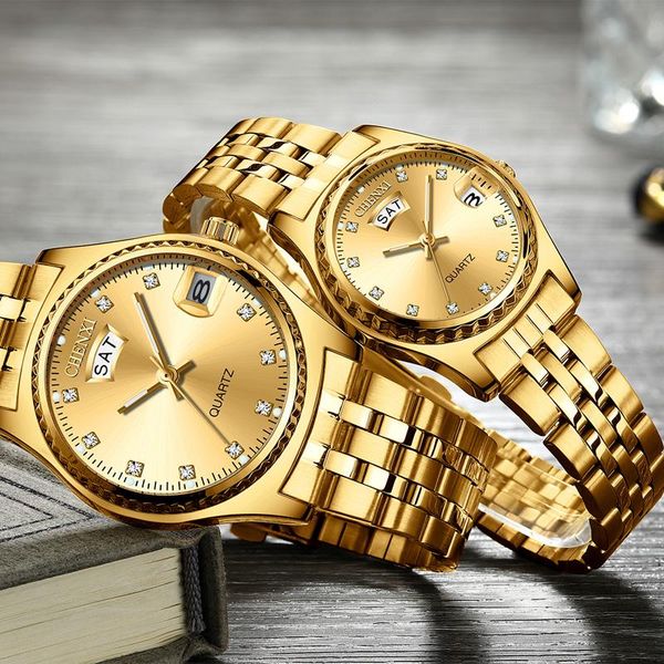

wristwatches luxury couple watches pair men and women stainless steel waterproof date quartz gold for lovers gift, Slivery;brown