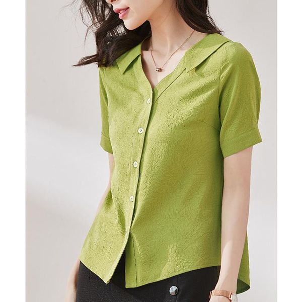 

women's blouses & shirts 2021 solid slim turn-down collar shirt single breasted chiffon femme summer green short sleeve blusas mujer, White