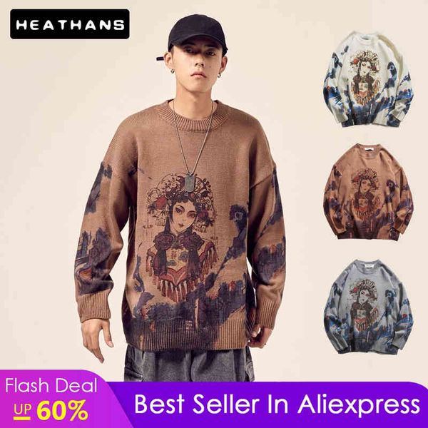 

men's knitted sweaters autumn winter hipster cartoon warm harajuku pullovers vintage hip hop streetwear men long sve sweater, Black