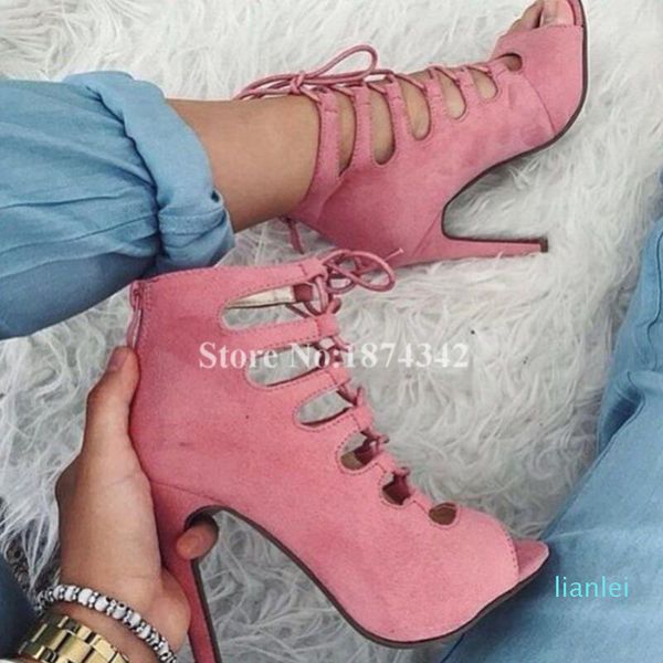 

sandals women boots pink suede leather peep toe cut-outs high heel gladiator sandal shoes fashion lace up ankle summer est, Black