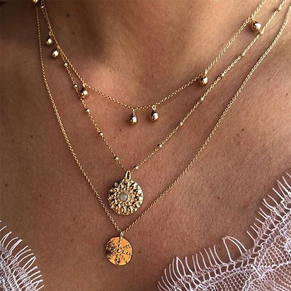 

51348 multi-layer round piece pendant necklace creative simple gold alloy clavicle chain for women, Silver