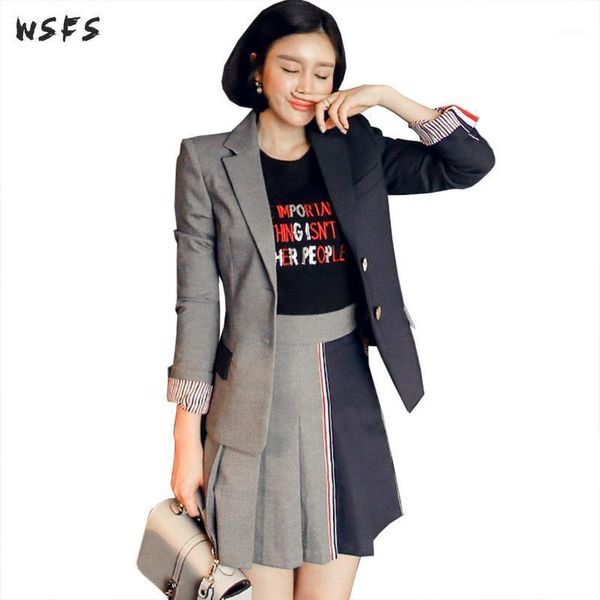 

pieces set spring gray navy business womens coat suit jacket button short mini pleated skirts elegant work office ladies suits two piece dre, White