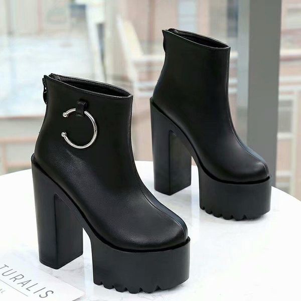 

dress shoes 2021 spring autumn casual 14cm thick high-heeled waterproof platform pumps pu zip metal decoration women, Black